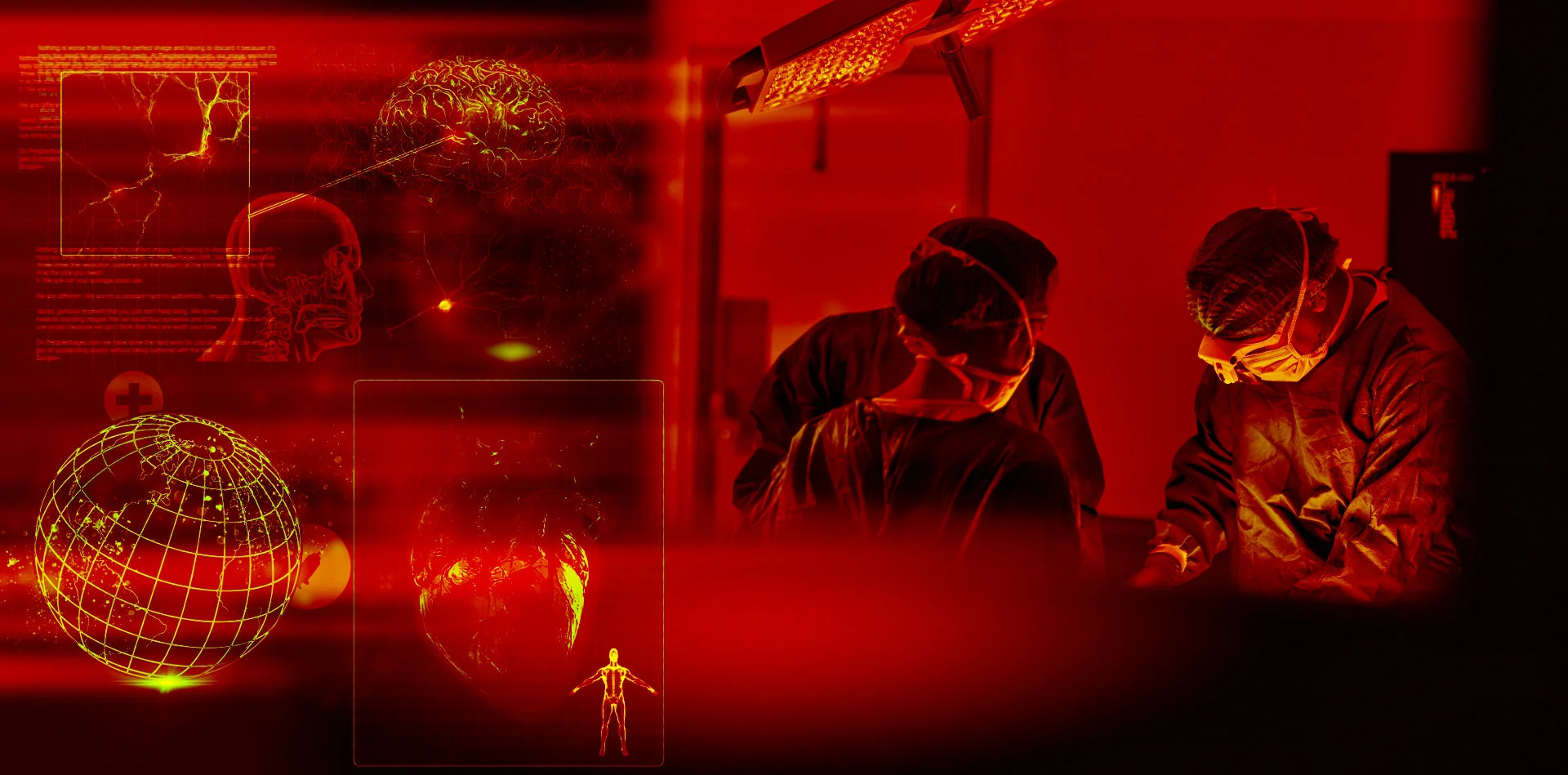 Doctors, hospital and surgery with global hologram of world in operating room with ppe, anatomy and brain icon. Surgeon, group and planet in icu, 3d earth and cardiology with heart overlay at clinic